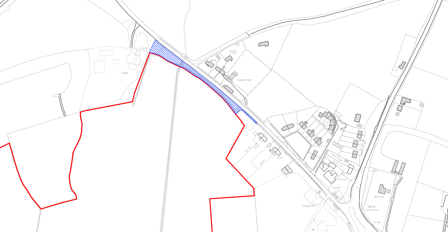 Red line map showing the location of common land at Dunsfold Lane Alfold.