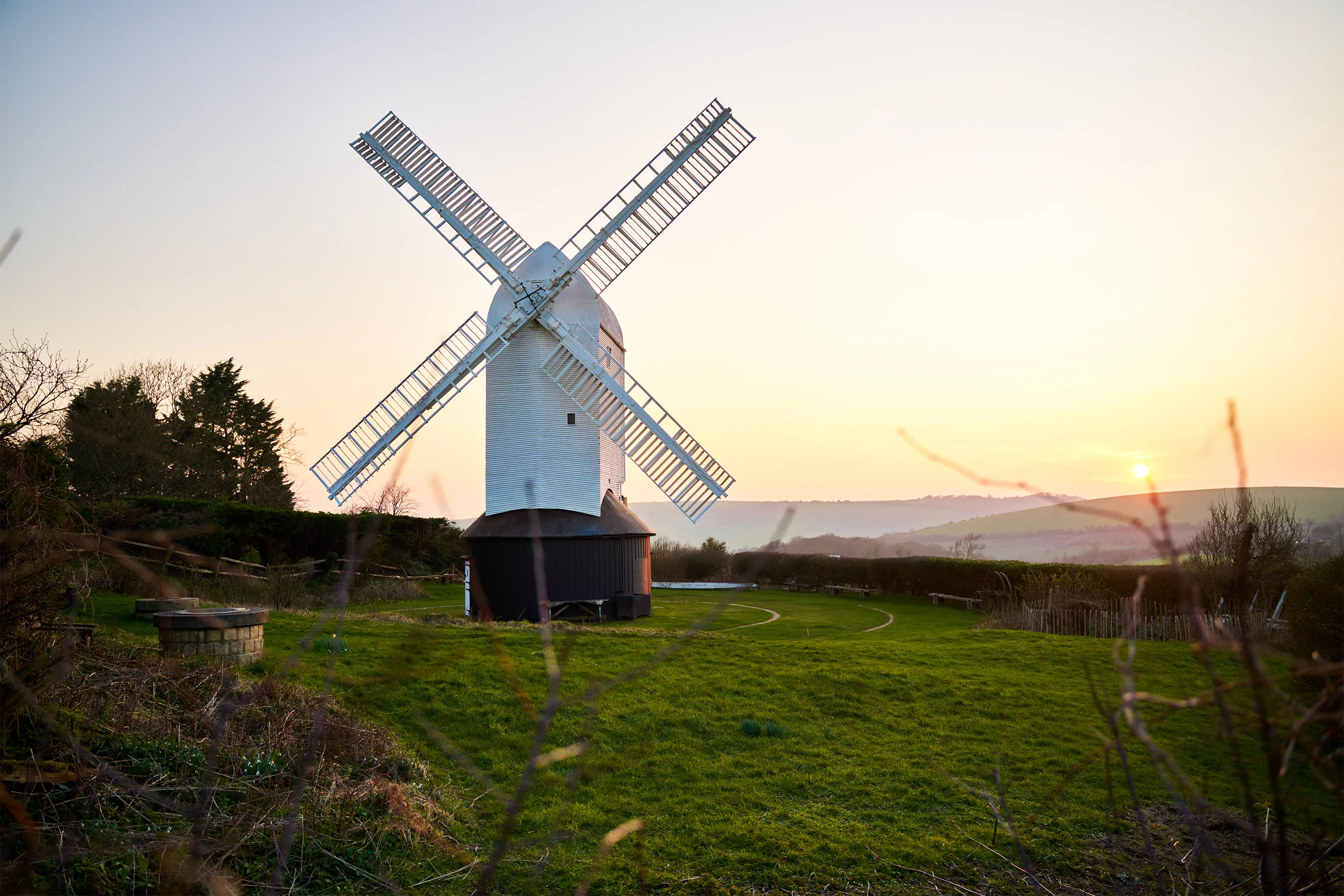 a photo showing the Jack and Jill windmill at sunset, a local area photo for burgess hill