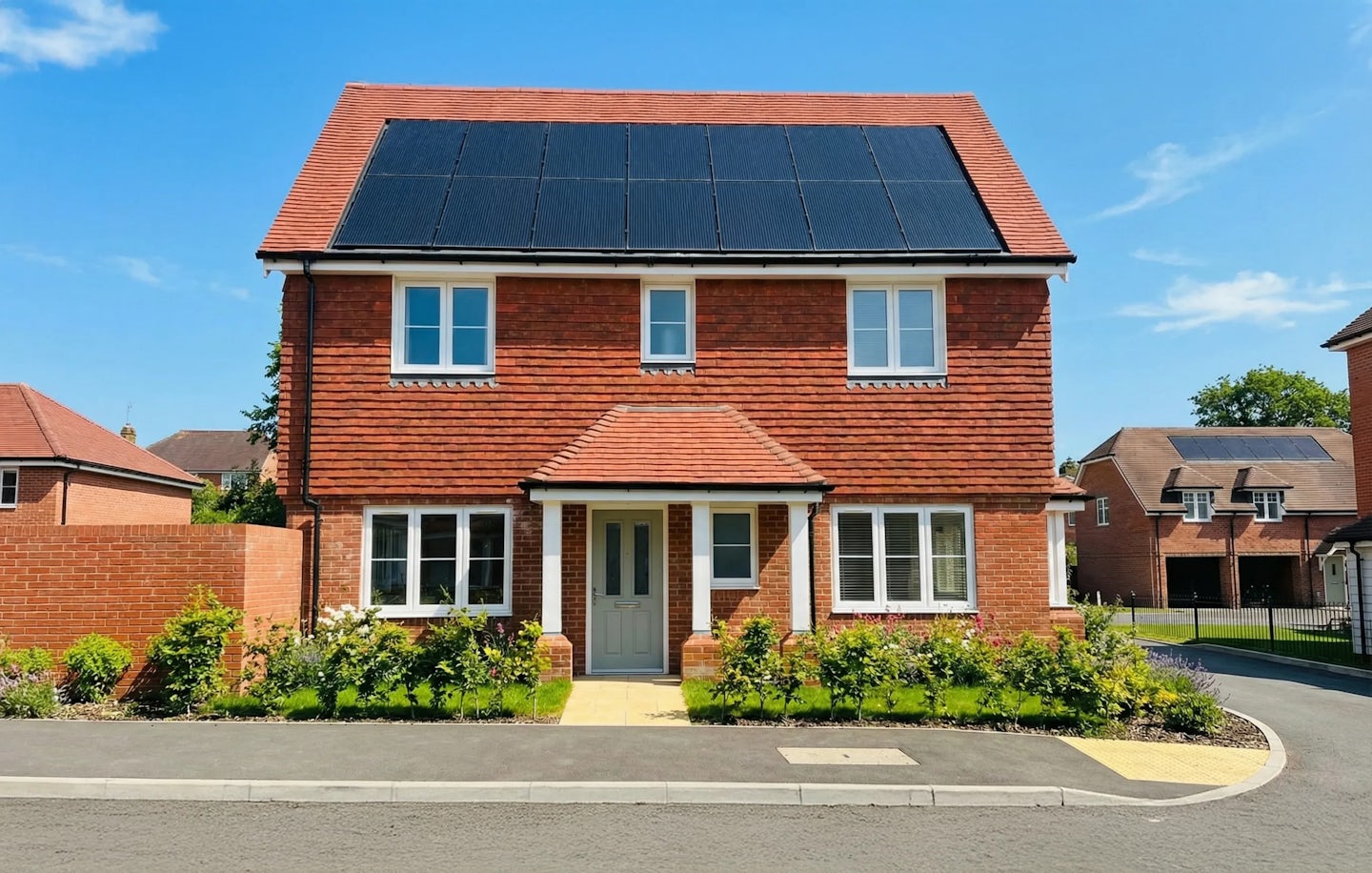 Front view of a modern two‑storey red‑brick detached house with solar panels on the roof.