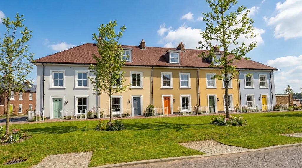 Row of two‑storey terraced houses with coloured front doors facing a green open space.