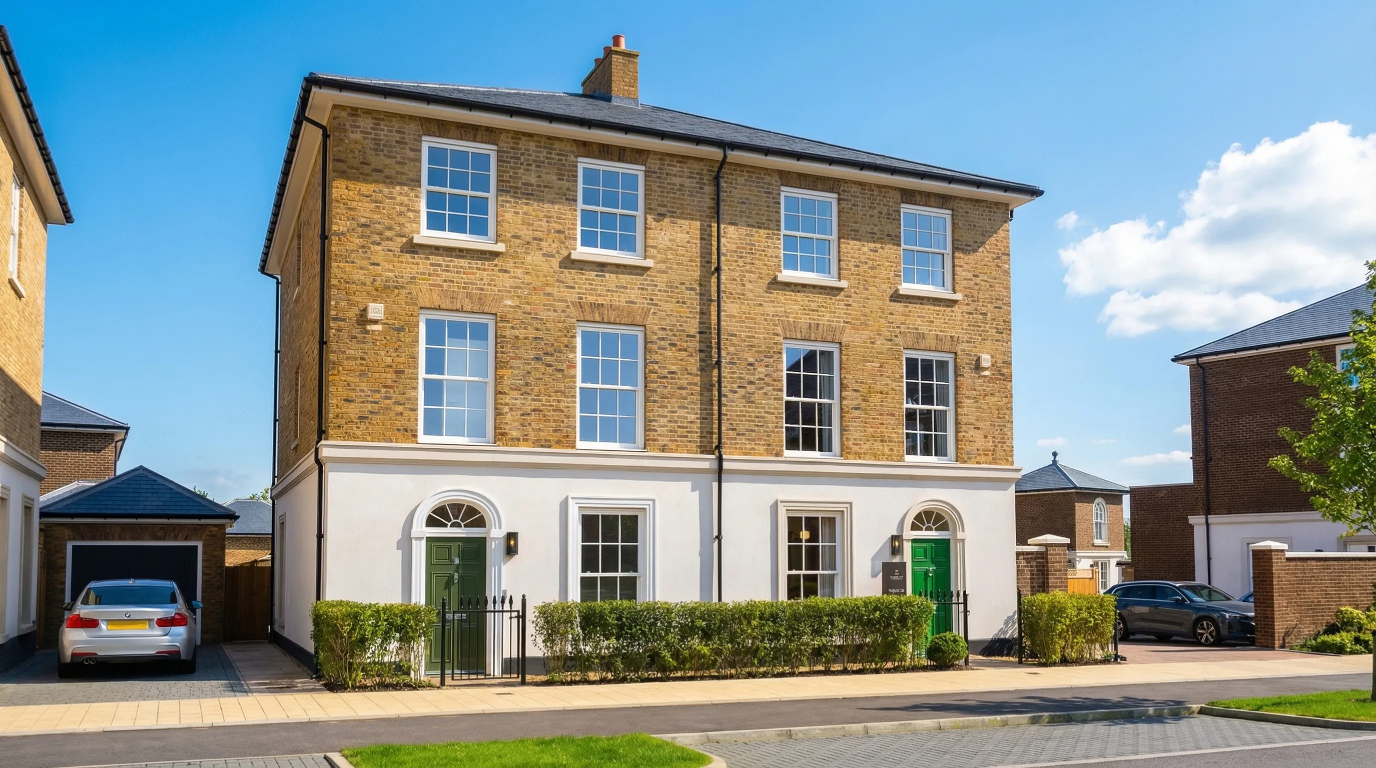Front view of a pair of three‑storey brick townhouses with green front doors and landscaped frontage.