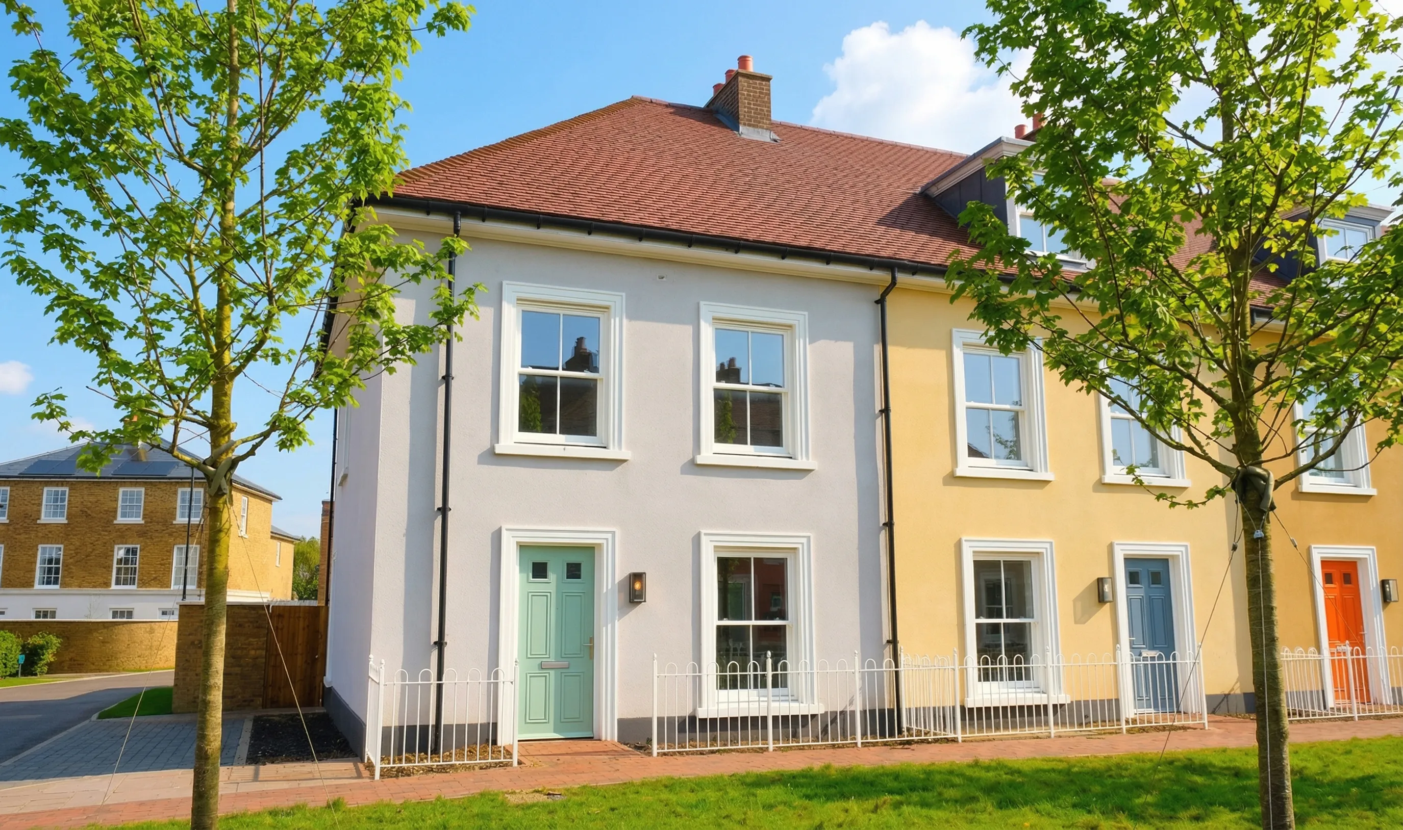 End‑terrace two‑storey house with light‑coloured render, a green front door, and trees in the foreground.
