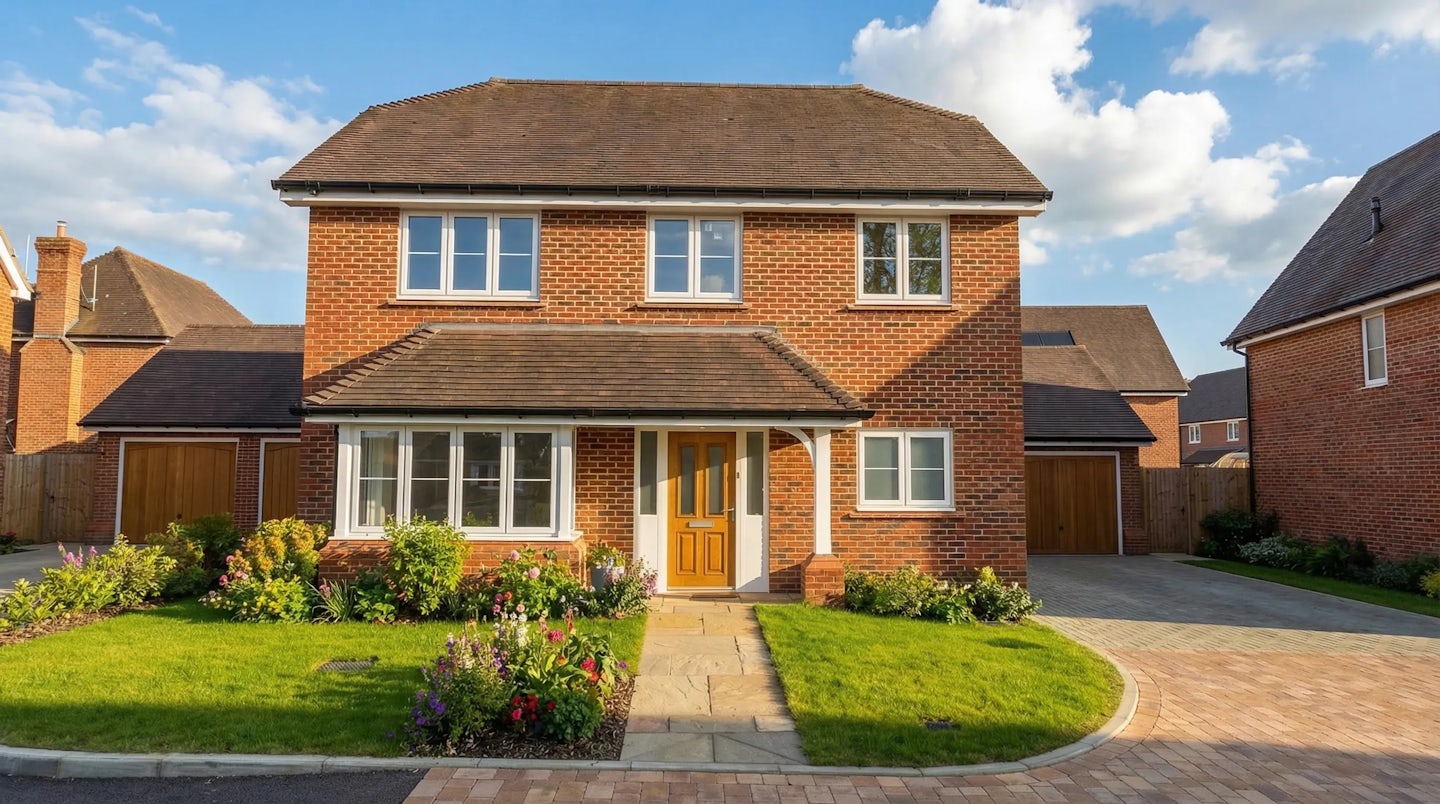 Front view of a two‑storey red‑brick detached house with a central entrance and landscaped garden.