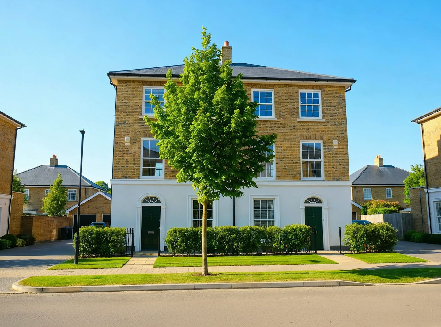 Front view of a three‑storey brick house with white lower walls, a central tree, and neatly trimmed hedges.