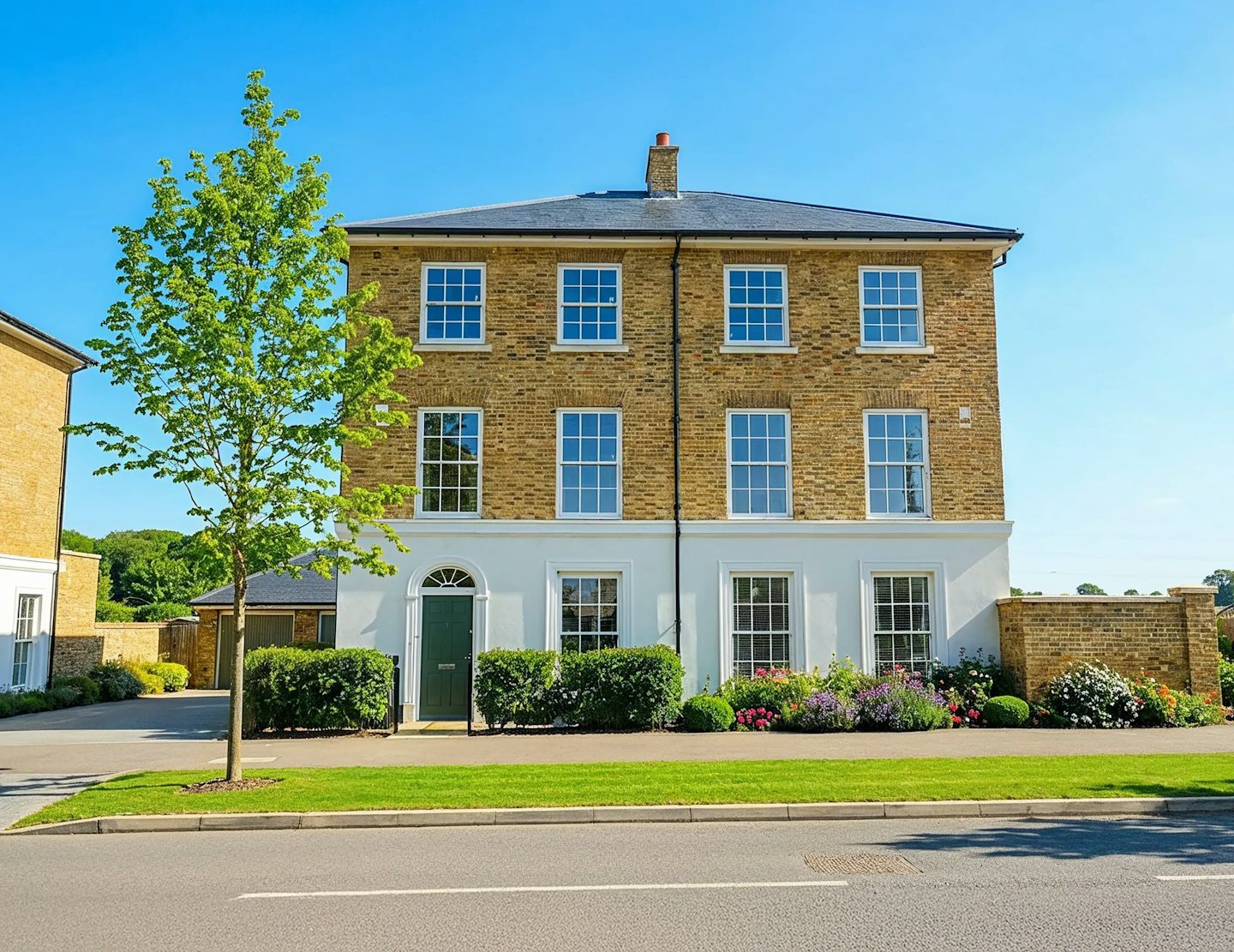 Front view of a three‑storey brick house with white lower walls, a small tree, and colourful planting in front.