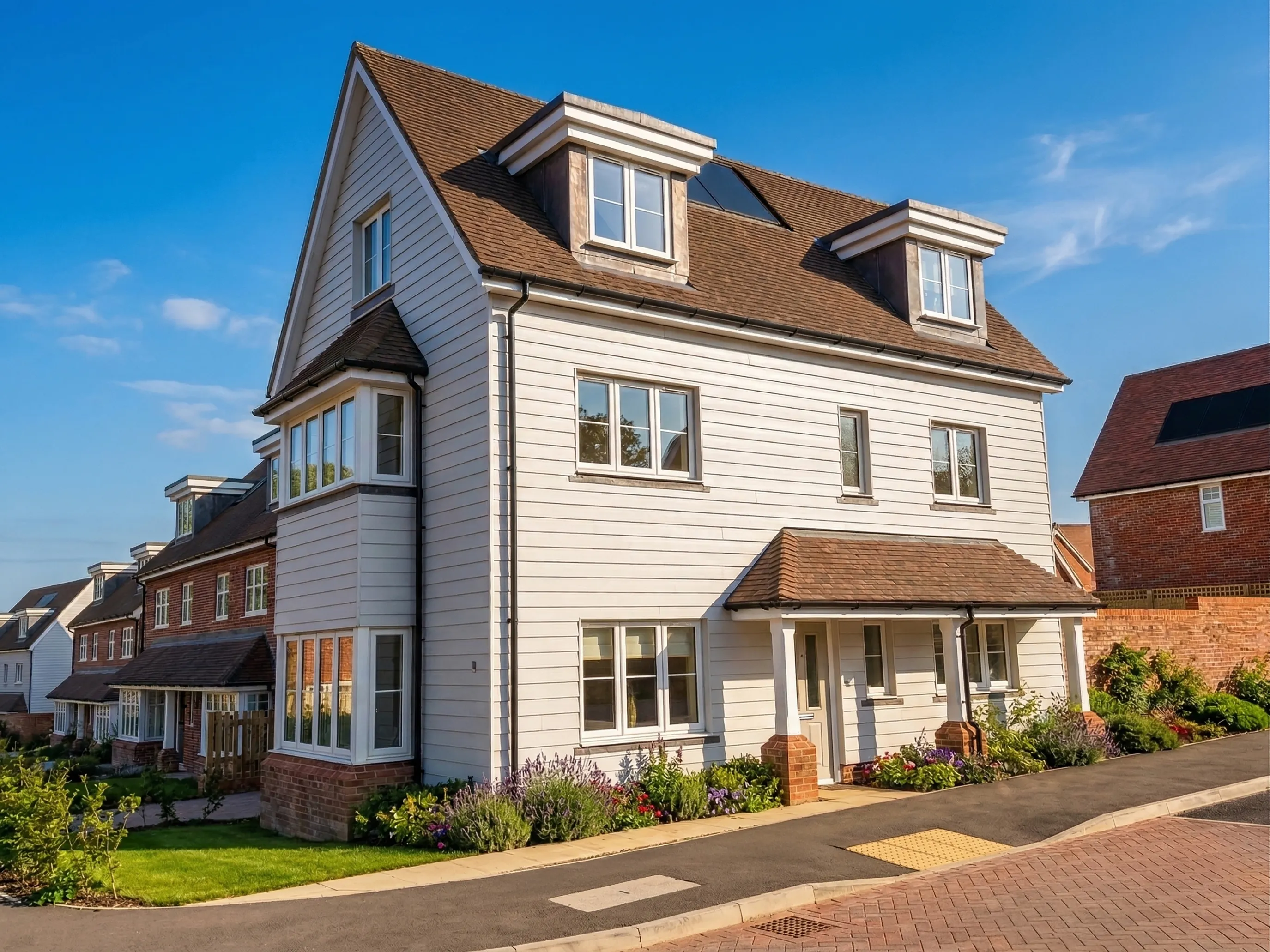 Modern three‑storey home with white cladding, large windows, and landscaped planting along the pavement.