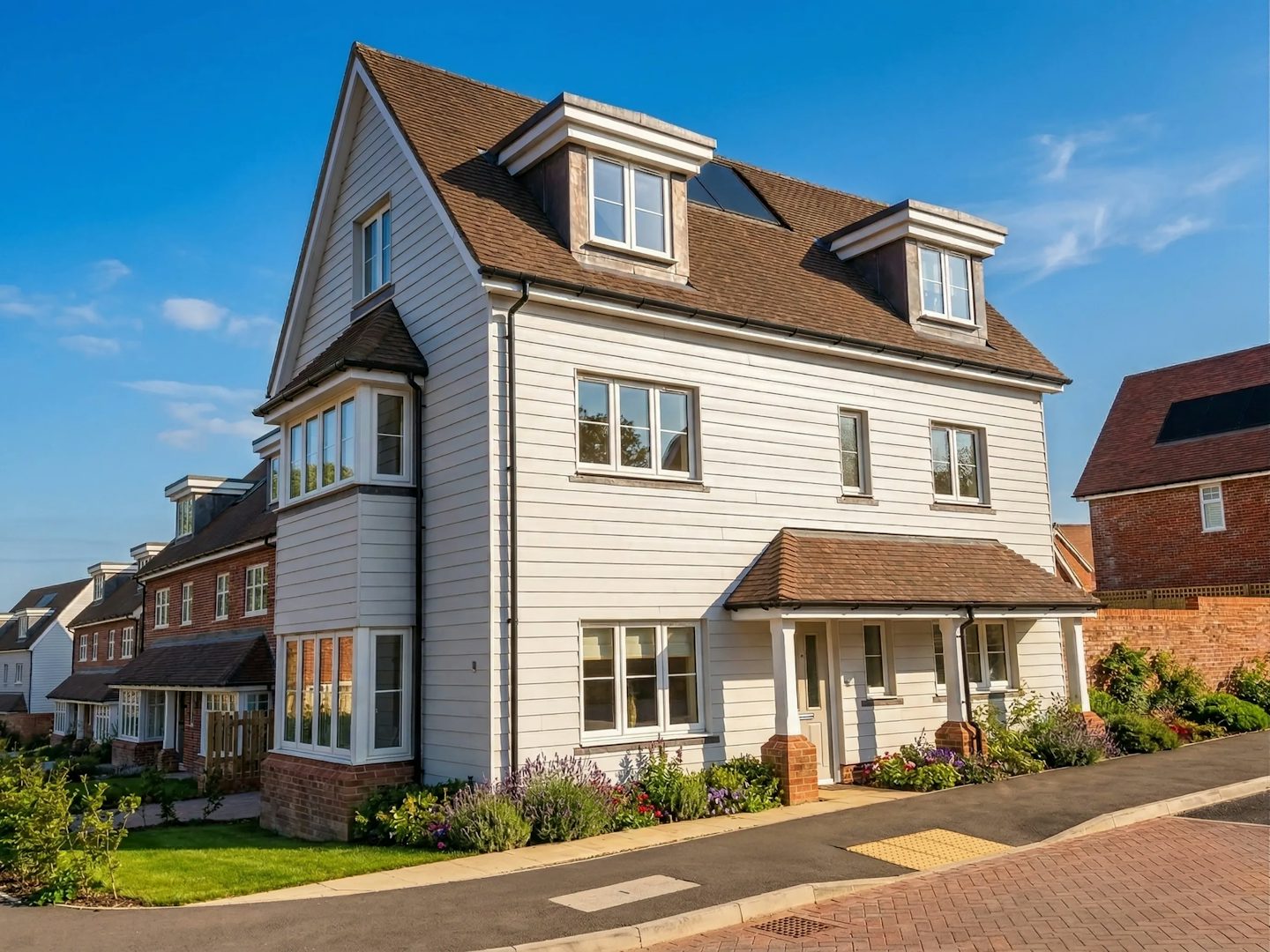 Modern three‑storey home with white cladding, large windows, and landscaped planting along the pavement.