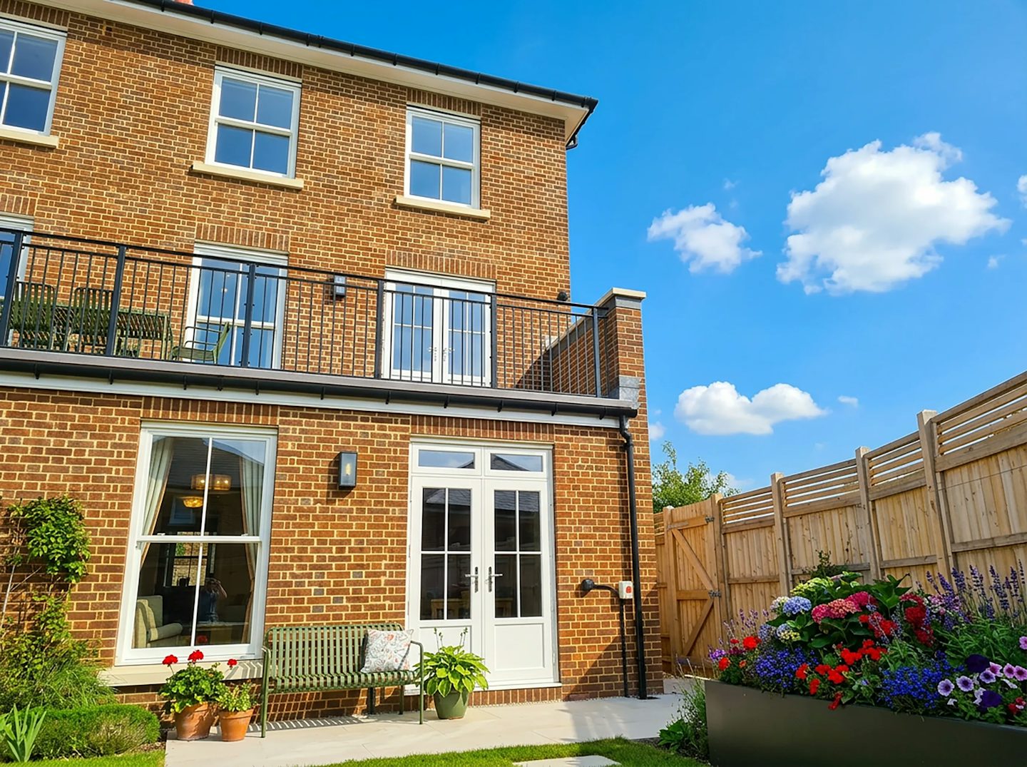 Rear view of a brick house with patio doors, first-floor balcony, garden planting, and fenced boundary.