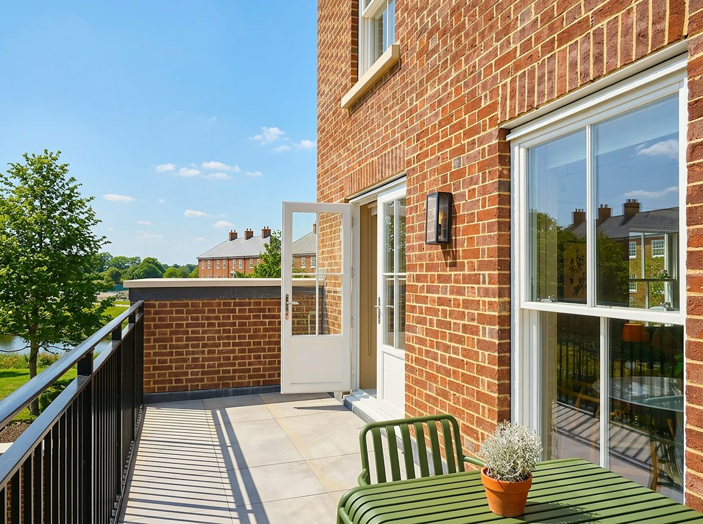 First-floor terrace outside a brick house with open patio doors, black railing, and outdoor table
