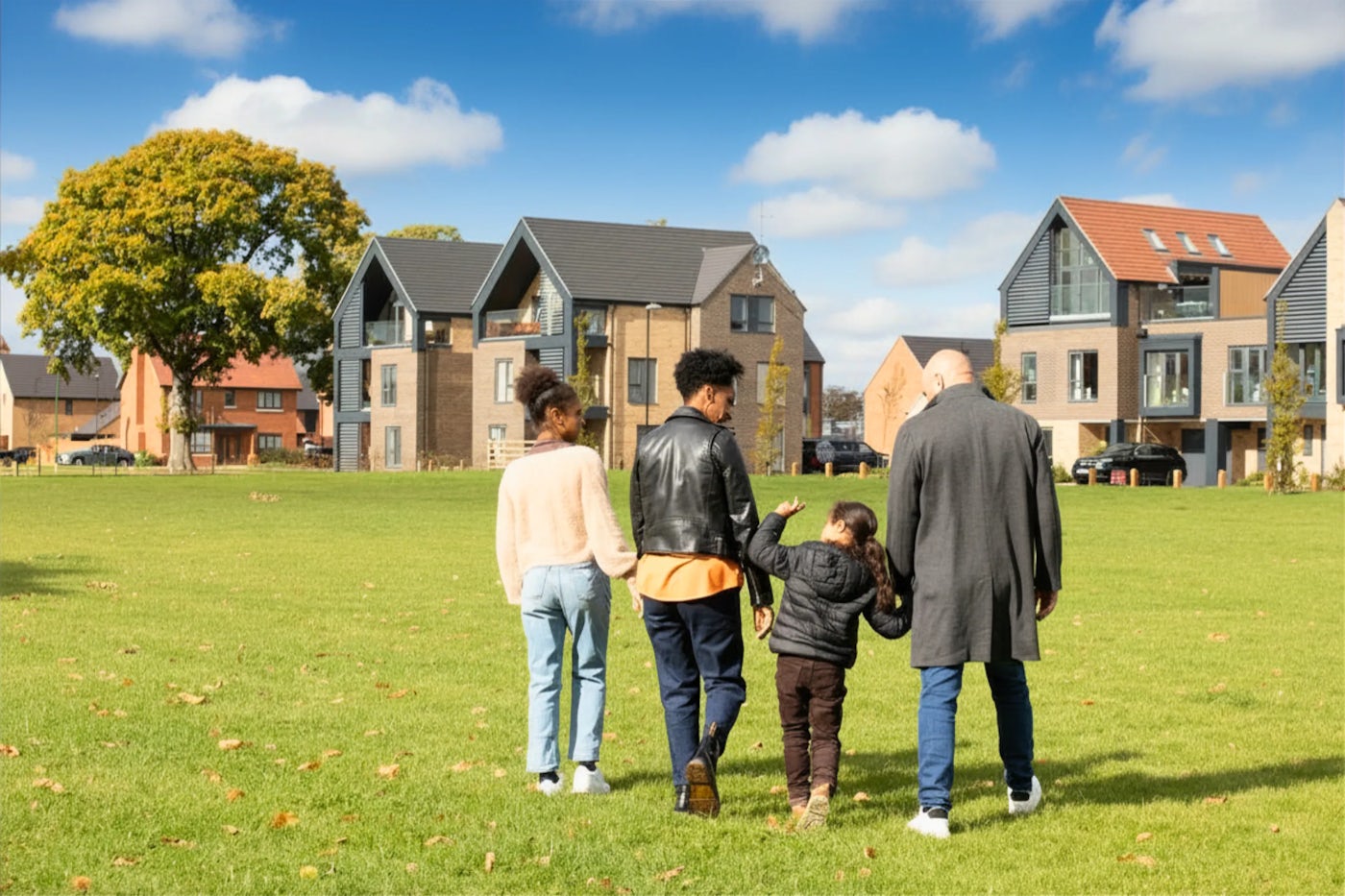 Family walking across a grassy open space towards modern new-build homes under a blue sky.
