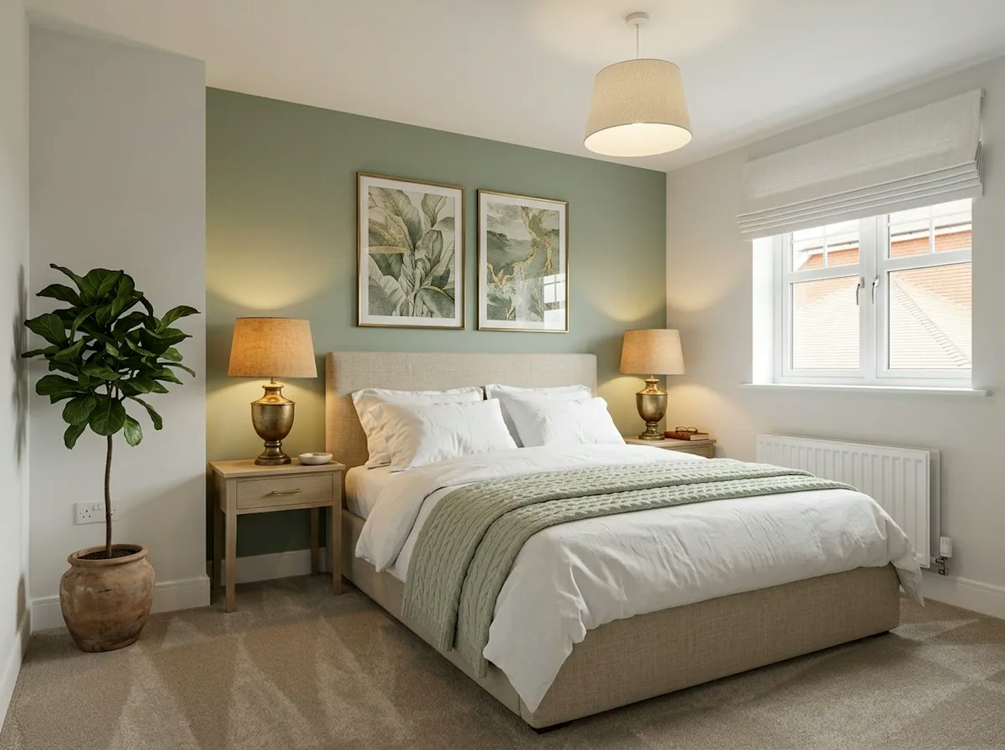 Bedroom with double bed, bedside tables and lamps, green feature wall with artwork, and a window letting in natural light.