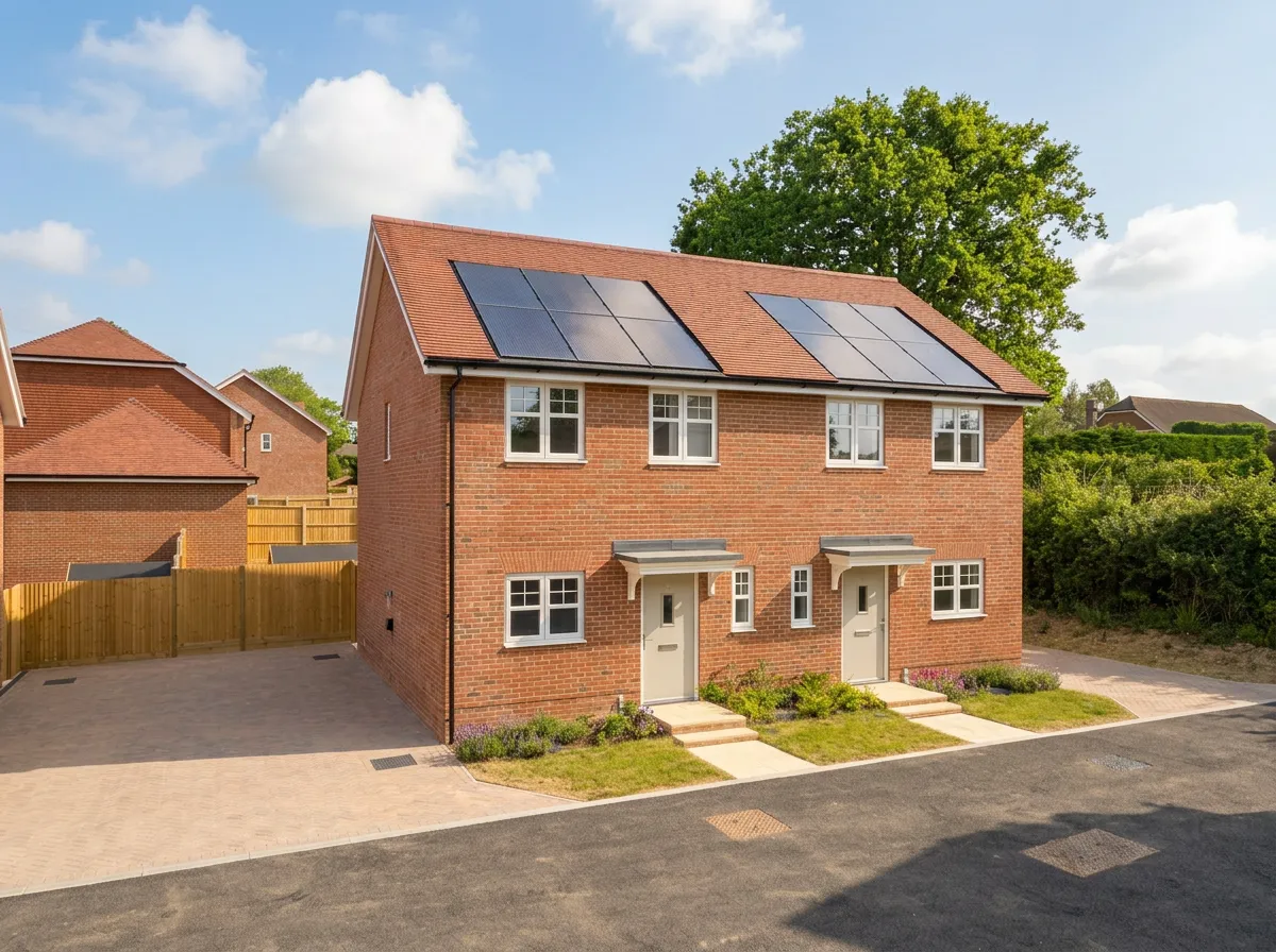 Pair of semi-detached red brick houses with solar panels, front doors, and driveway parking.