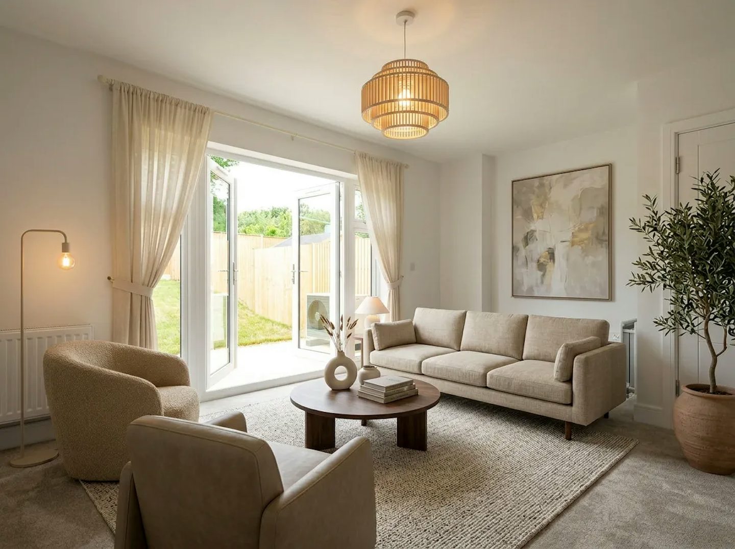Light living room with sofa, armchairs, coffee table, and patio doors opening to a garden.