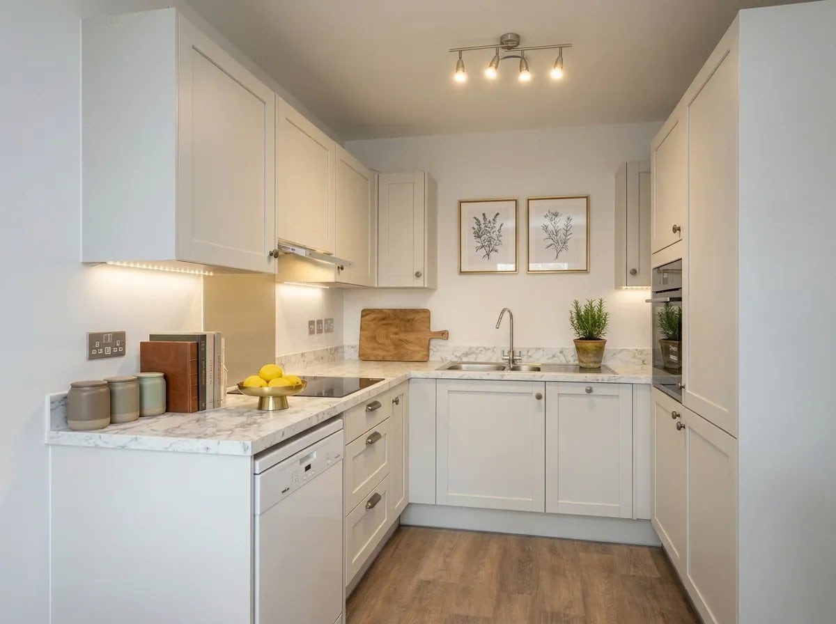 Modern kitchen with white cabinets, marble worktops, built-in appliances, and under-cabinet lighting.