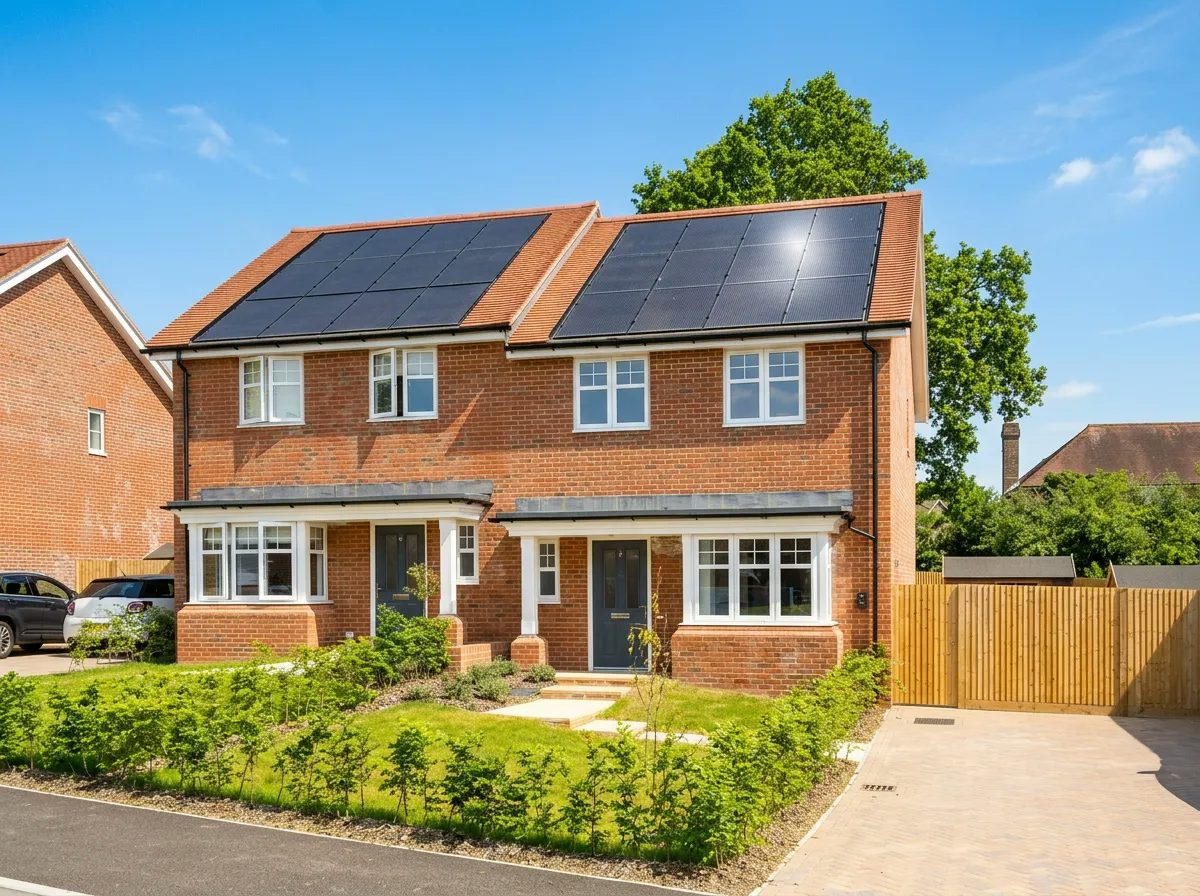 Two-storey semi-detached brick houses with solar panels, front gardens, and driveway parking.