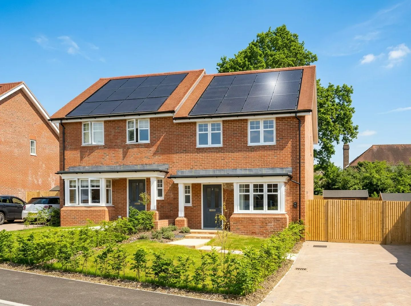 Two-storey semi-detached brick houses with solar panels, front gardens, and driveway parking.
