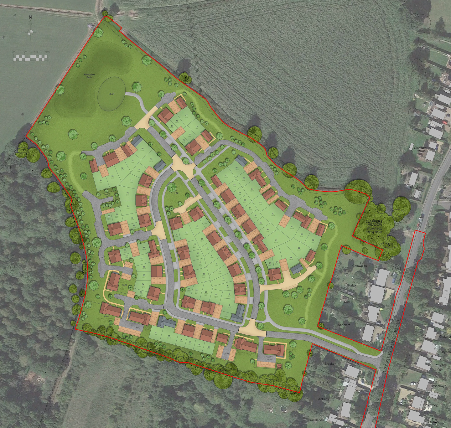 Site masterplan of 99 completed homes at Loxwood Fields, Alfold.