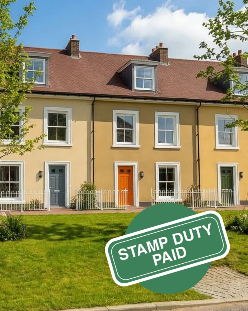 Row of three terraced houses with yellow walls, white windows and pitched roofs, each with a different coloured front door, set behind a small front garden and low white fence, with a “Stamp Duty Paid” graphic in the foreground.