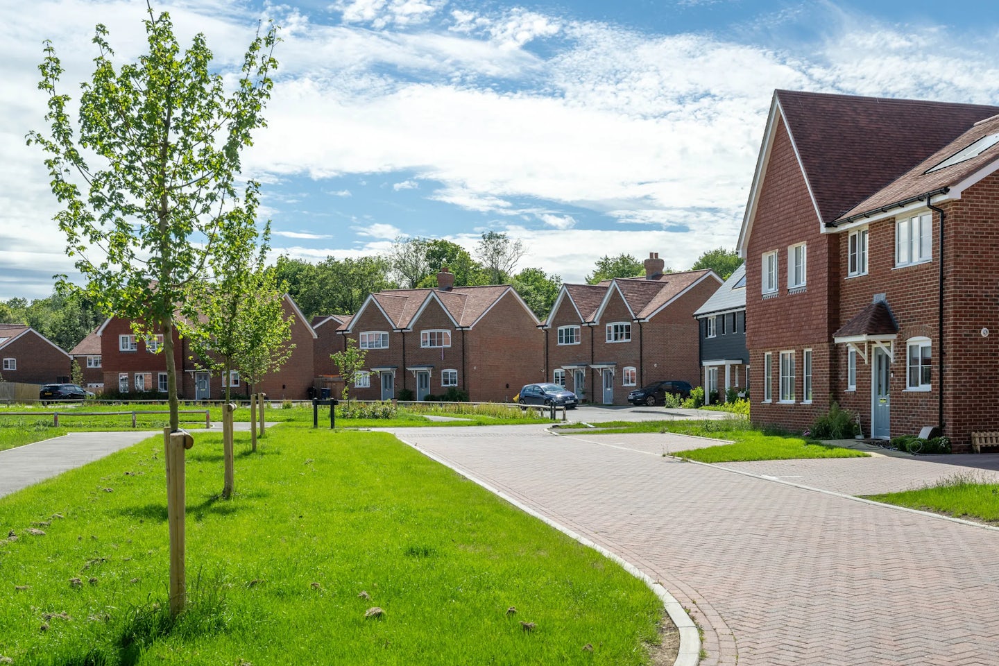 Row of new build houses around a green with planted trees, parking bays and paved street.