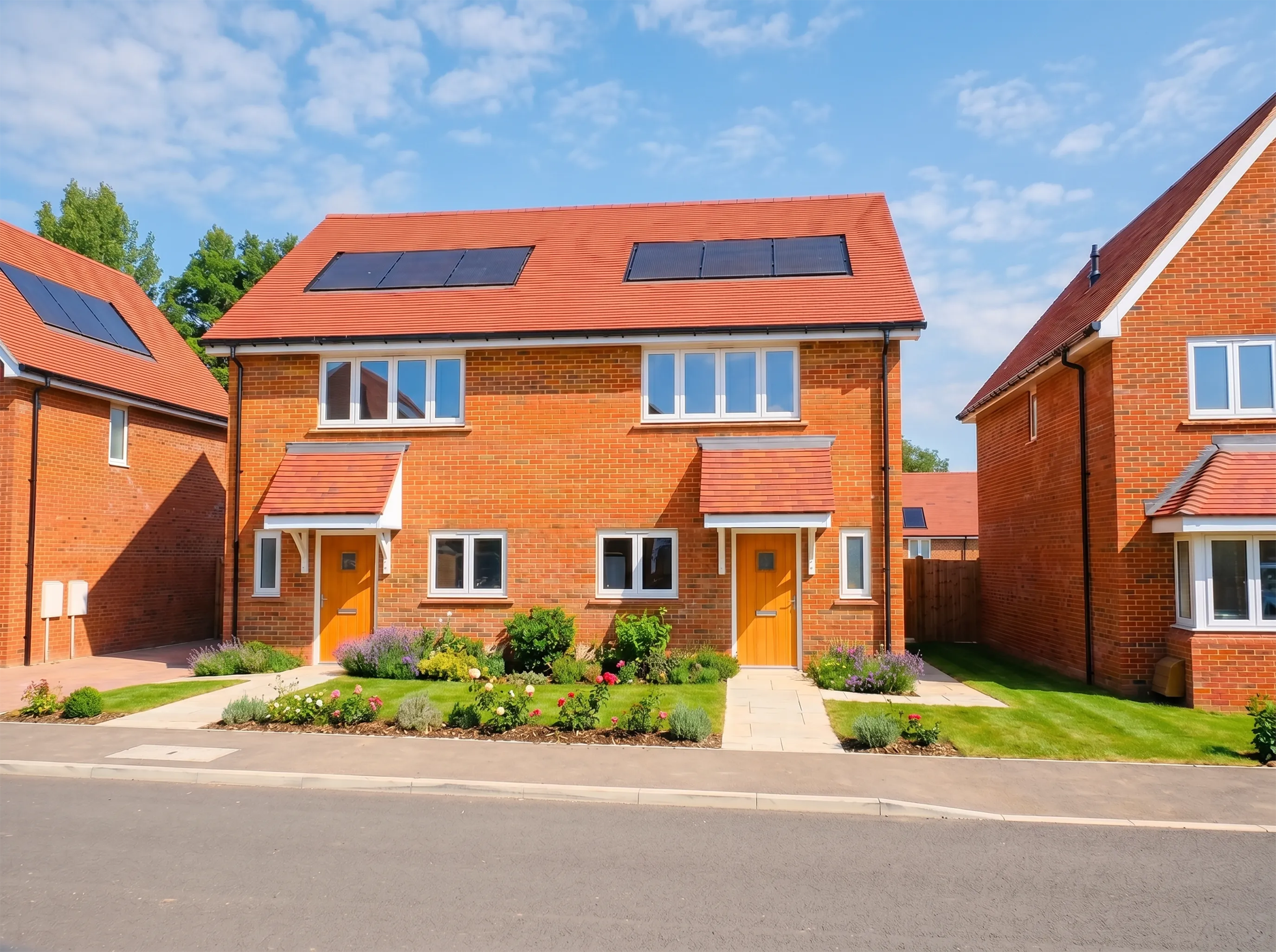 Two semi-detached red brick homes with solar panels, orange front doors, and small front gardens on a new housing development.