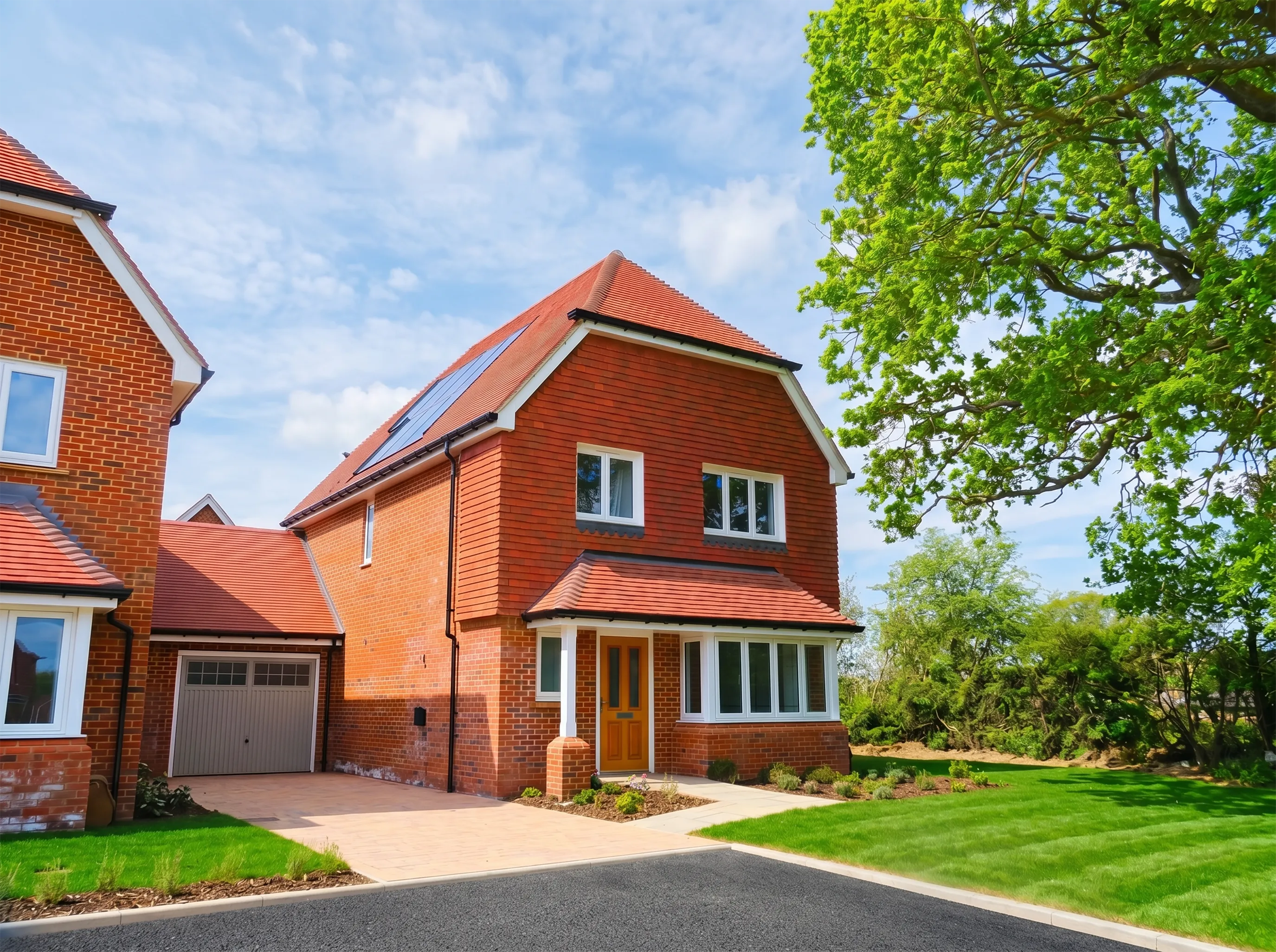 Detached red brick house with bay window, garage, and solar panels, set beside a green verge with trees.