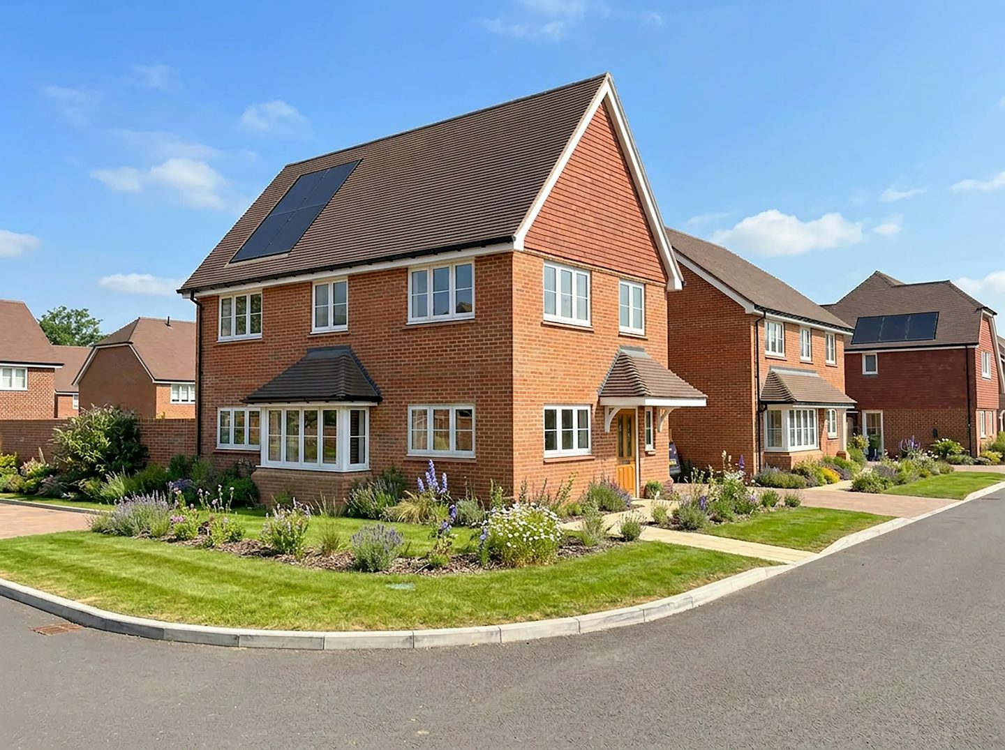 Street scene with detached homes and landscaped front gardens on a residential development.