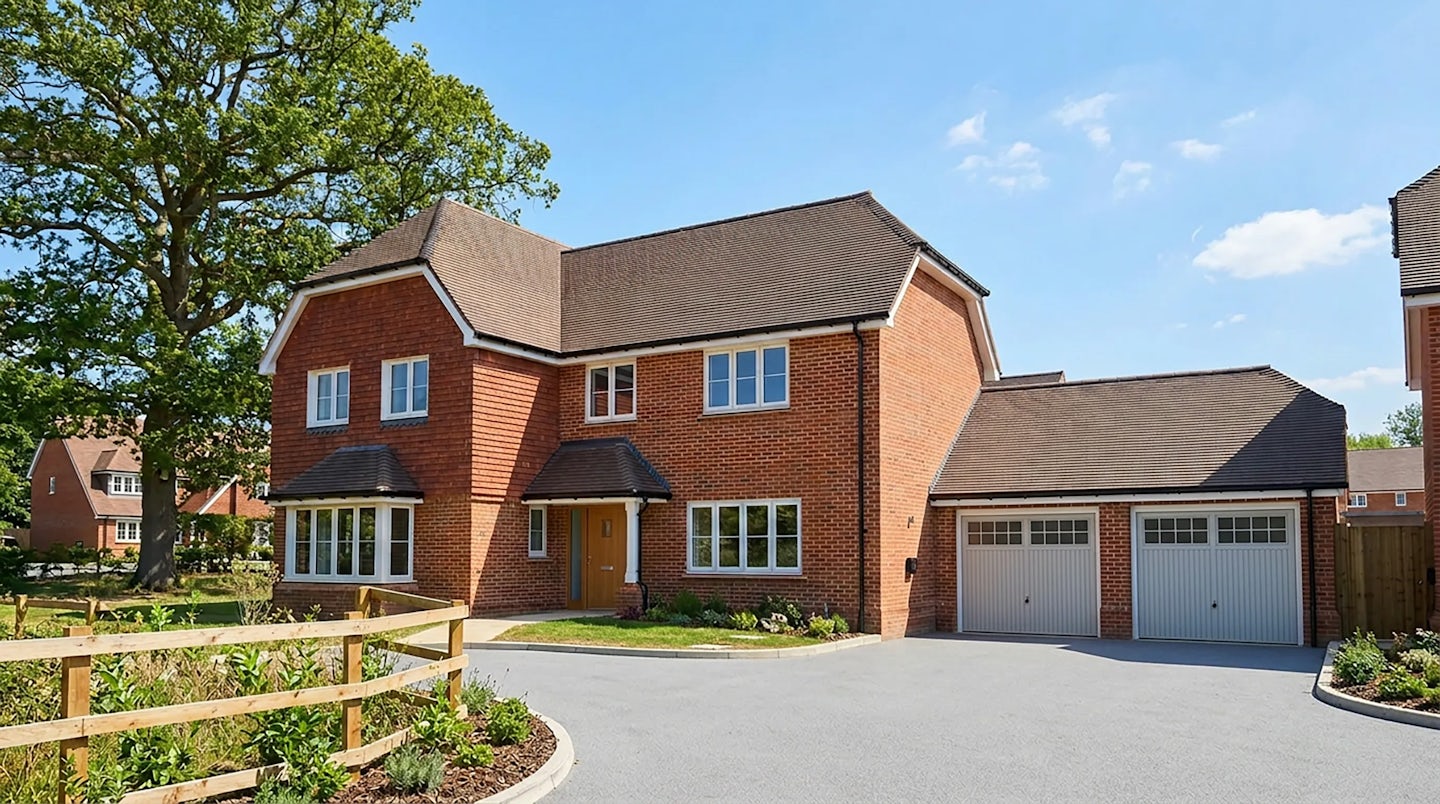 Detached red brick home with double garage and driveway beside a mature oak tree.