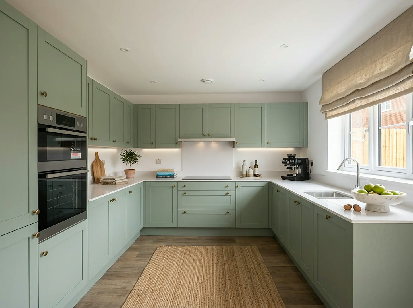 Modern kitchen with sage green cabinets, integrated appliances and white worktops.
