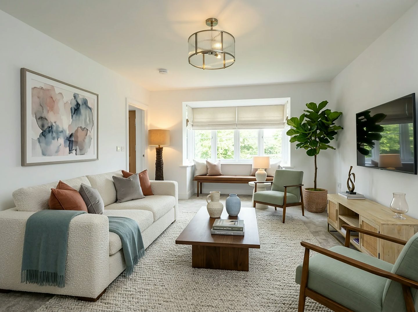 Bright living room with sofa, armchairs, coffee table and large bay window.