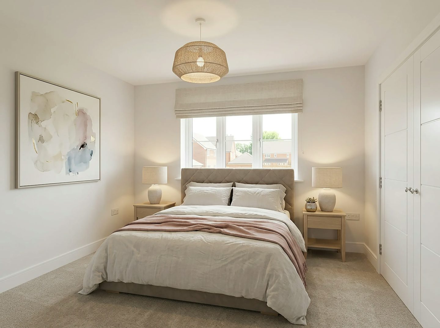 Bedroom with en suite access, neutral décor and soft furnishings.