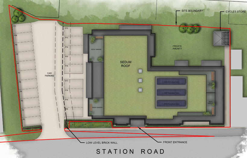 Site plan of the proposed Station Road, Chertsey apartment development showing the building footprint, sedum green roof, roof-mounted solar panels, resident car parking, cycle storage, private amenity space and landscaped areas within the site boundary.