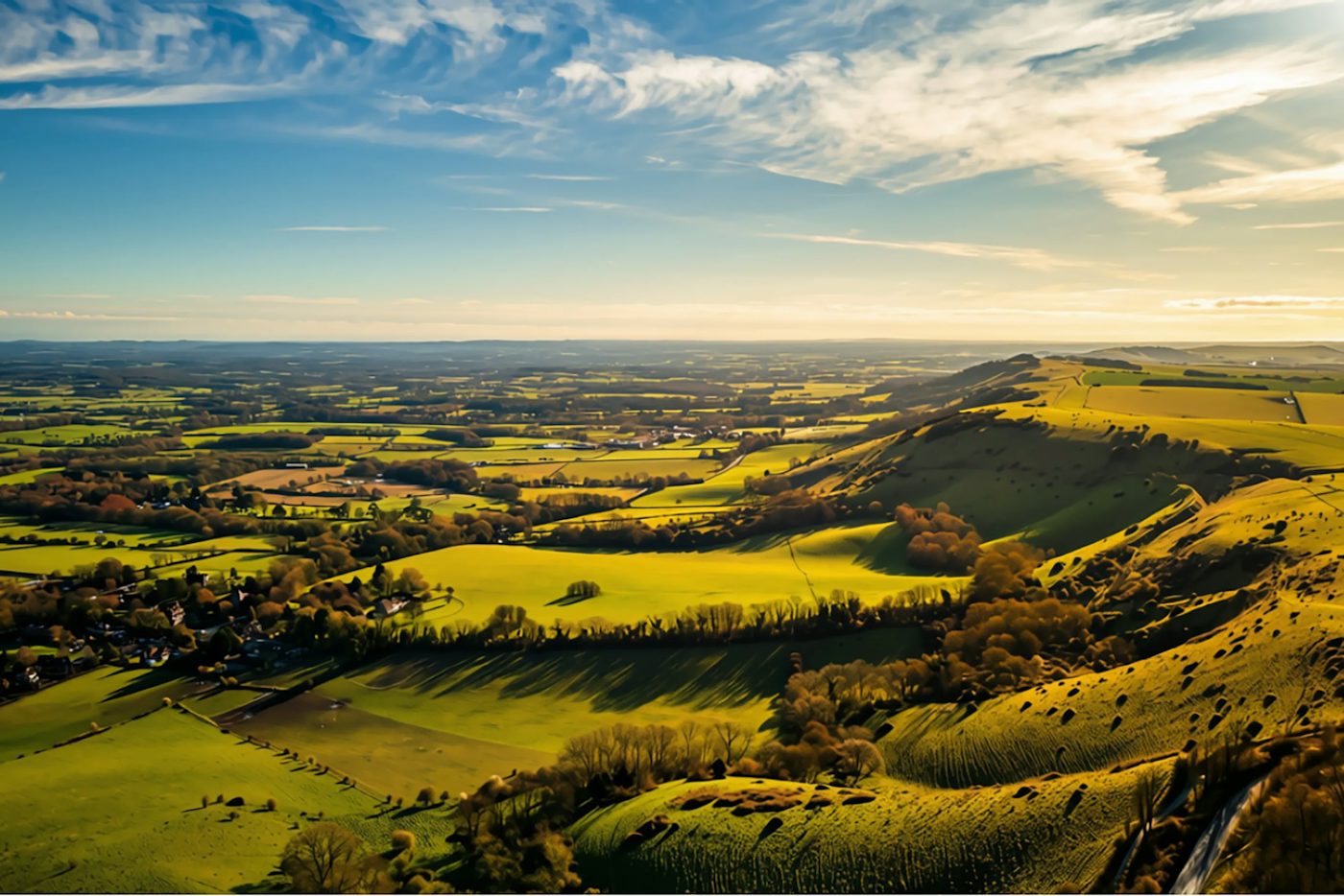 Aerial view of a landscape featuring rolling green hills in the foreground, interspersed with patches of trees and shrubs. Beyond the hills, the terrain transitions into expansive fields with scattered trees. The sky is mostly clear with a few clouds, and the lighting suggests either early morning or late afternoon.