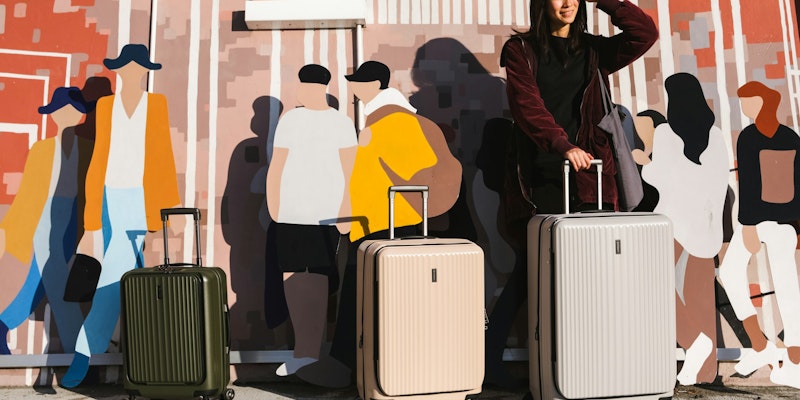 a woman standing next to two suitcases in front of a mural