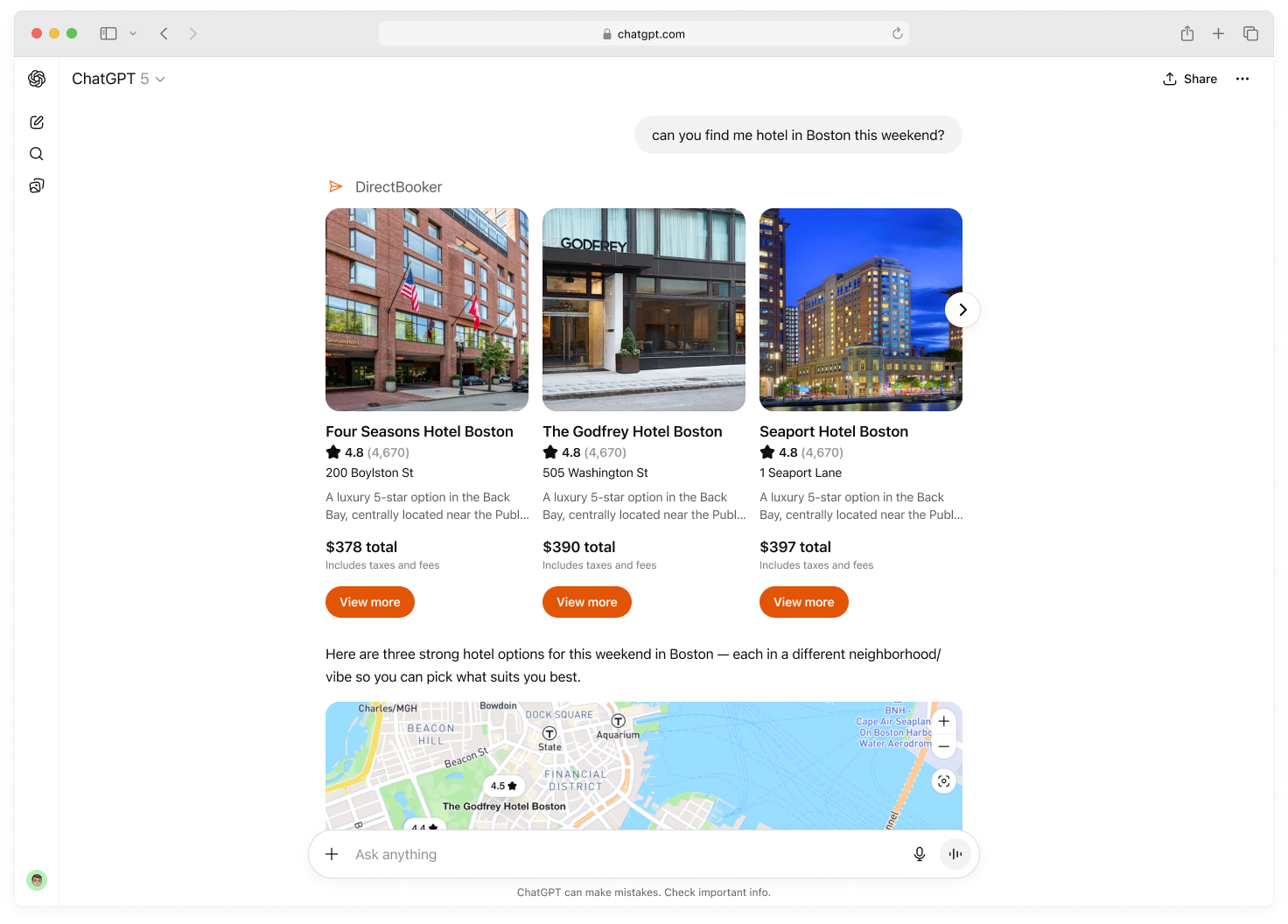Hotel results in ChatGPT with DirectBooker integration