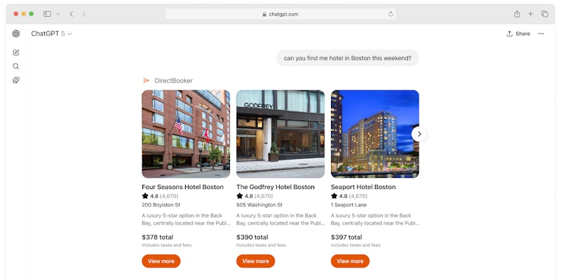 Hotel results in ChatGPT with DirectBooker integration Hotel results in ChatGPT with DirectBooker integration