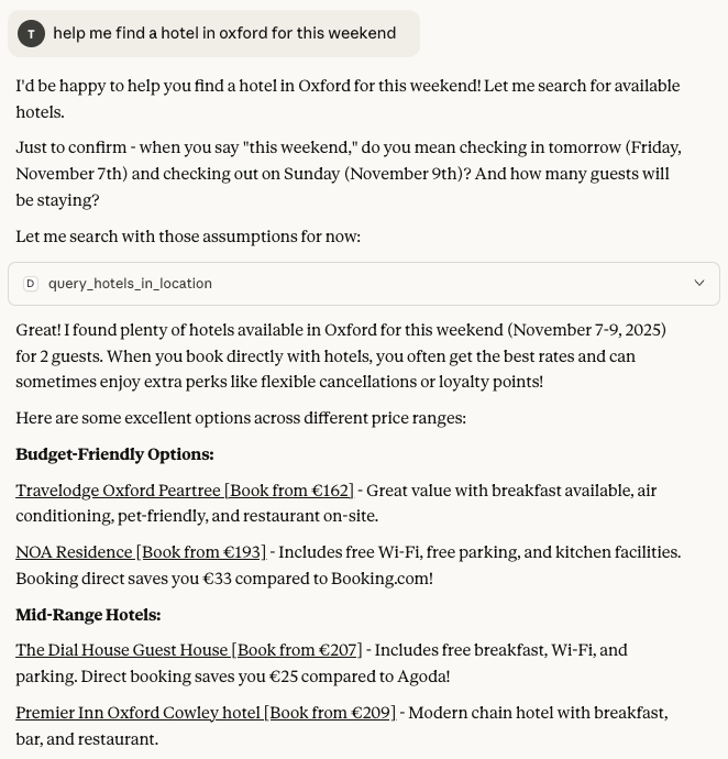 Hotel results in Claude.ai with DirectBooker integration