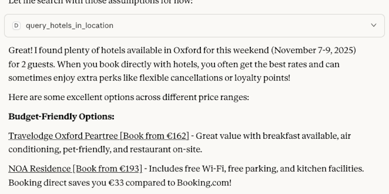 Hotel results in Claude.ai with DirectBooker integration Hotel results in Claude.ai with DirectBooker integration
