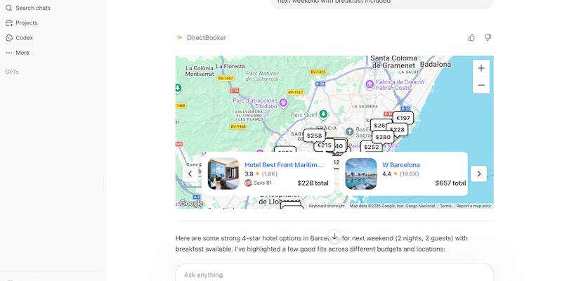 ChatGPT hotel search results with DirectBooker ChatGPT hotel search results with DirectBooker
