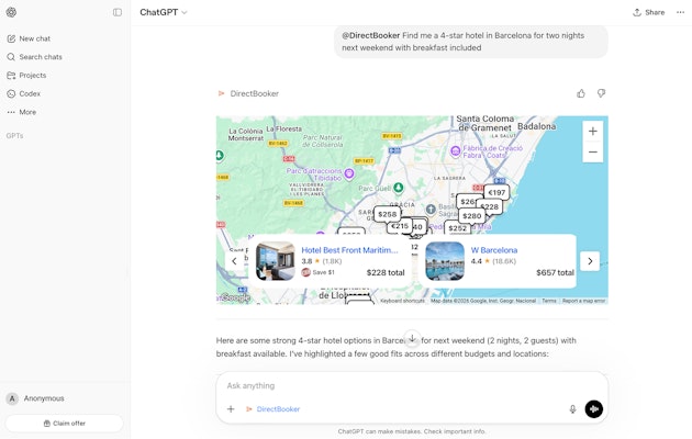 ChatGPT hotel search results with DirectBooker