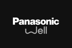 White text on a black background reads Panasonic above the stylized word Well, with the W designed as a curved line.