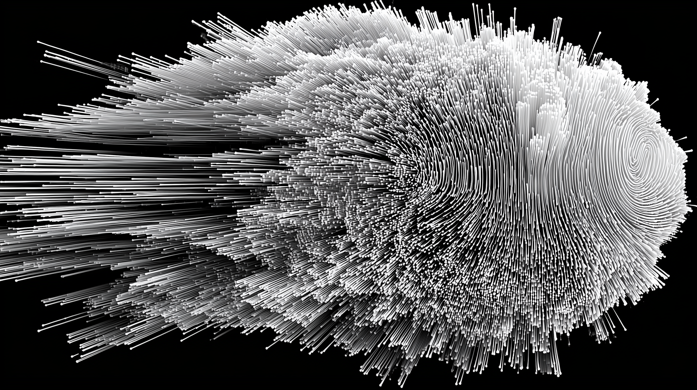 3D abstract visualization of clustered white lines and dots radiating outward, resembling a burst or explosion, set against a black background. Some lines are longer, giving a sense of motion and depth.