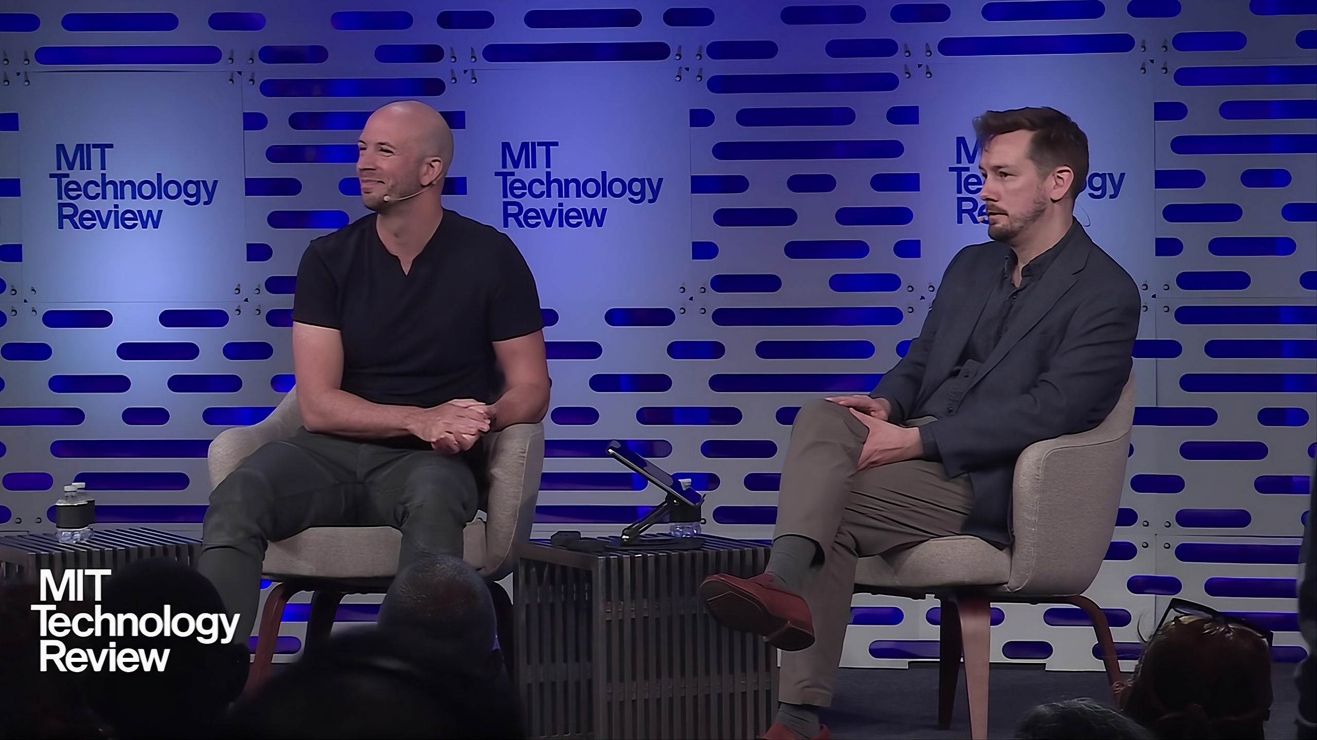 Peter Smart in conversation with MIT Technology Review's James O'Donnell during the Q&A at MIT EmTech AI 2026.