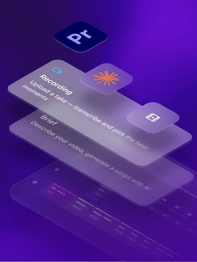 The AIA Timeline Builder interface: a brief step that generates a script with AI and a recording step that transcribes a take, layered over a Premiere-ready timeline.
