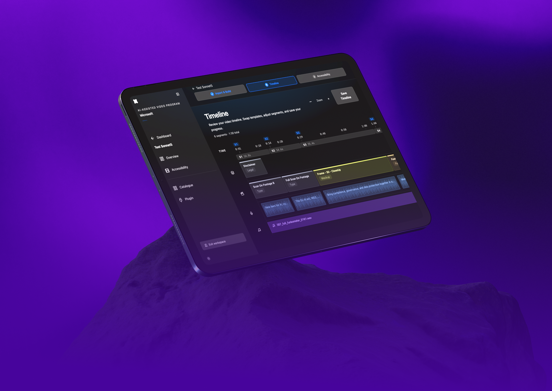 The AIA Timeline Builder timeline view on a tablet, showing a 1:30 edit built from six segments with MOGRT templates, voiceover, and music tracks laid out in Premiere order.