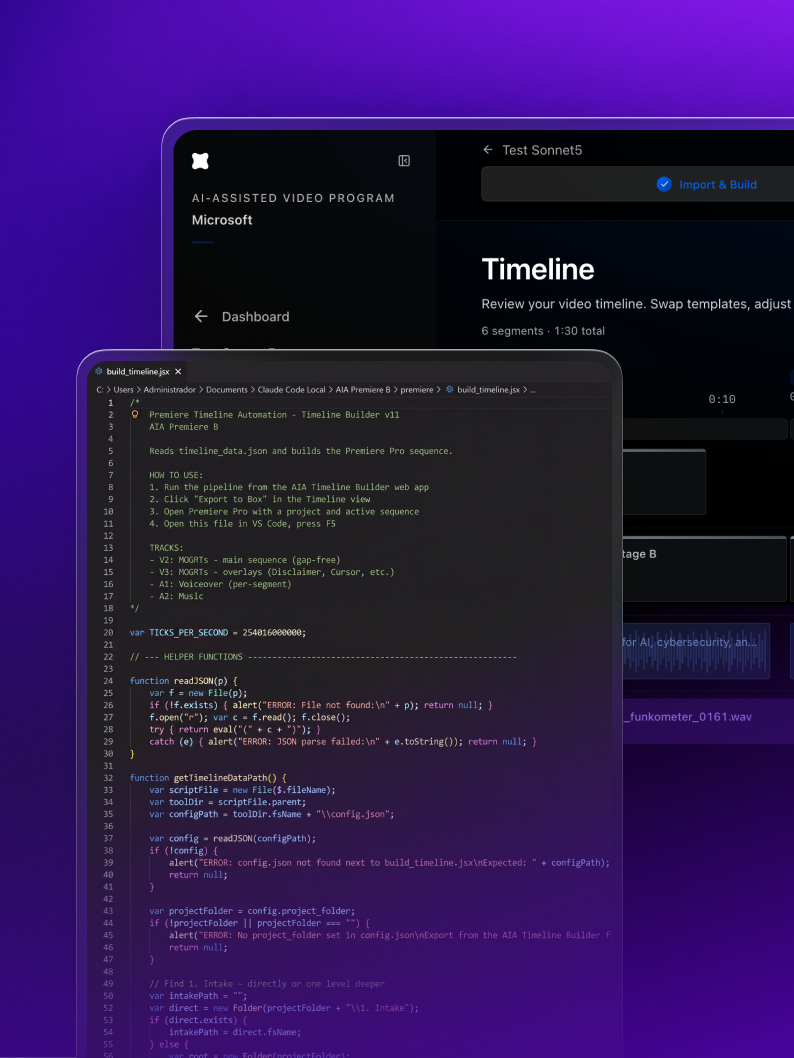 The build_timeline.jsx script Claude Code wrote to automate Premiere Pro, shown beside the AIA Timeline Builder web app it exports from.