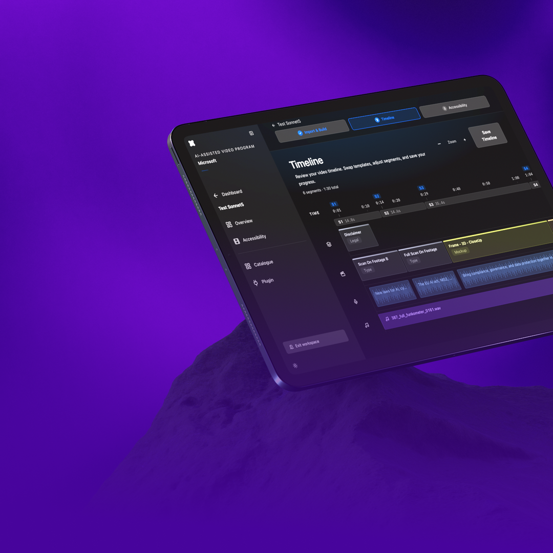 How We Build: The Timeline That Builds Itself article square hero Square hero for the How We Build: The Timeline That Builds Itself article: a floating tablet on purple showing an AI video timeline tool. By Fantasy.
