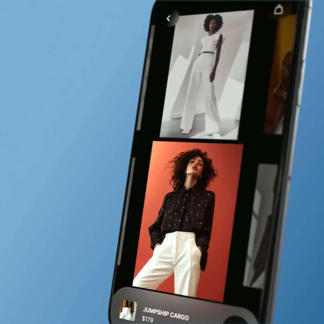 Square hero for the How To: Lead Retail with AI article: a phone showing an AI-curated fashion retail feed. By Fantasy.