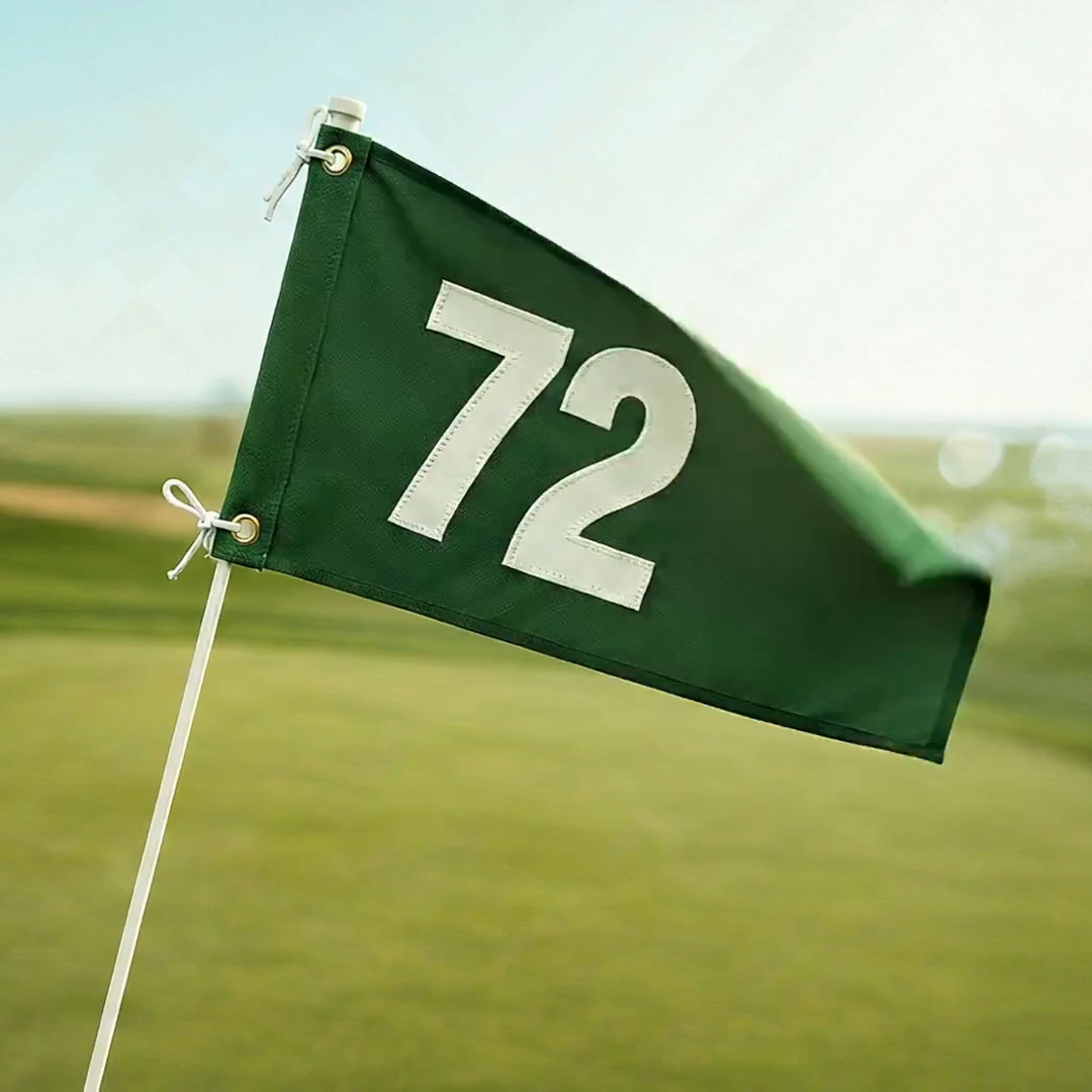 Square hero for the How Fantasy Shipped LIV Golf in 72 Days article: a green LIV Golf course flag marked 72. By Fantasy.