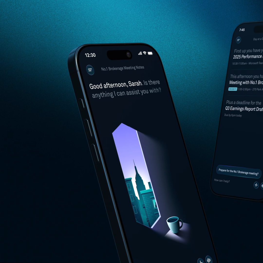 Square hero for the BNY case study: the Eliza assistant on a phone, greeting a user with their day's briefing. By Fantasy.