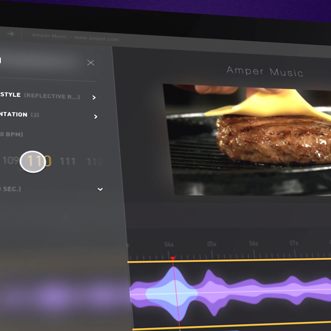 Amper case study square hero Square hero for the Amper case study: the Amper Music editor with an audio waveform and tempo controls. By Fantasy.